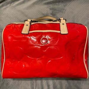 COACH Red Signature Stripe Embossed Patent Satchel
